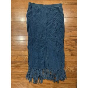 Vintage Action Wear USA Blue Fringe Maxi Skirt Womens Small Boho Embroidered